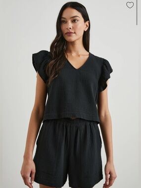 Rails Black V-Neck Flutter Sleeve 100% Cotton  gauze Top L